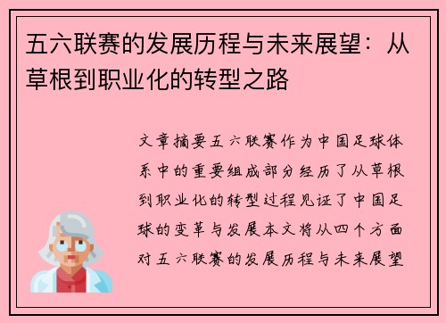 五六联赛的发展历程与未来展望：从草根到职业化的转型之路