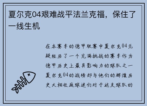 夏尔克04艰难战平法兰克福，保住了一线生机