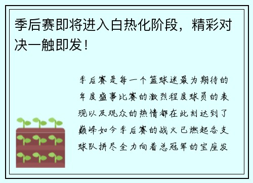 季后赛即将进入白热化阶段，精彩对决一触即发！